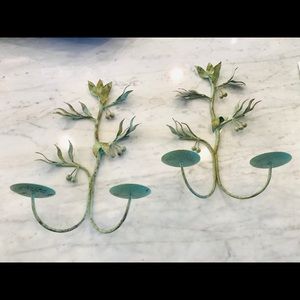 2 olive branch wall candle holders, sage metal